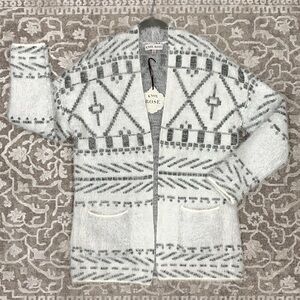 KNOX ROSE Boho White & Grey Geometric Print Eyelash Cardigan L NWT